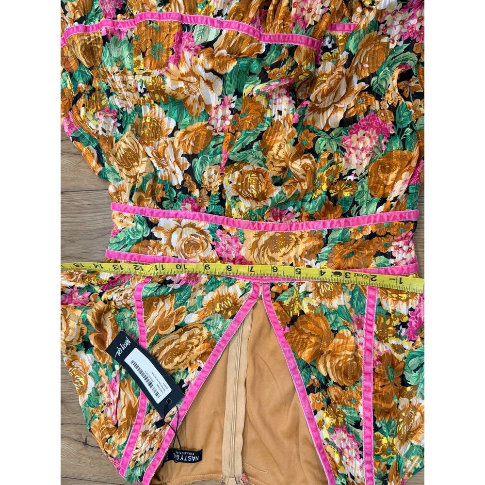 NWT Nasty Gal Floral Bell Sleeve Mini Dress Mustard Pink Velvet Trim Boho Size 2 - Picture 5 of 8